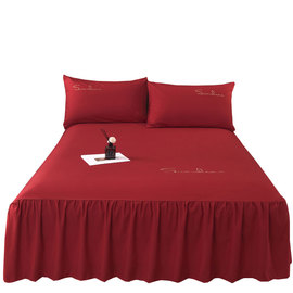 大红色床裙单件结婚公主风婚房床罩裙式床单三件套防滑床垫保护罩