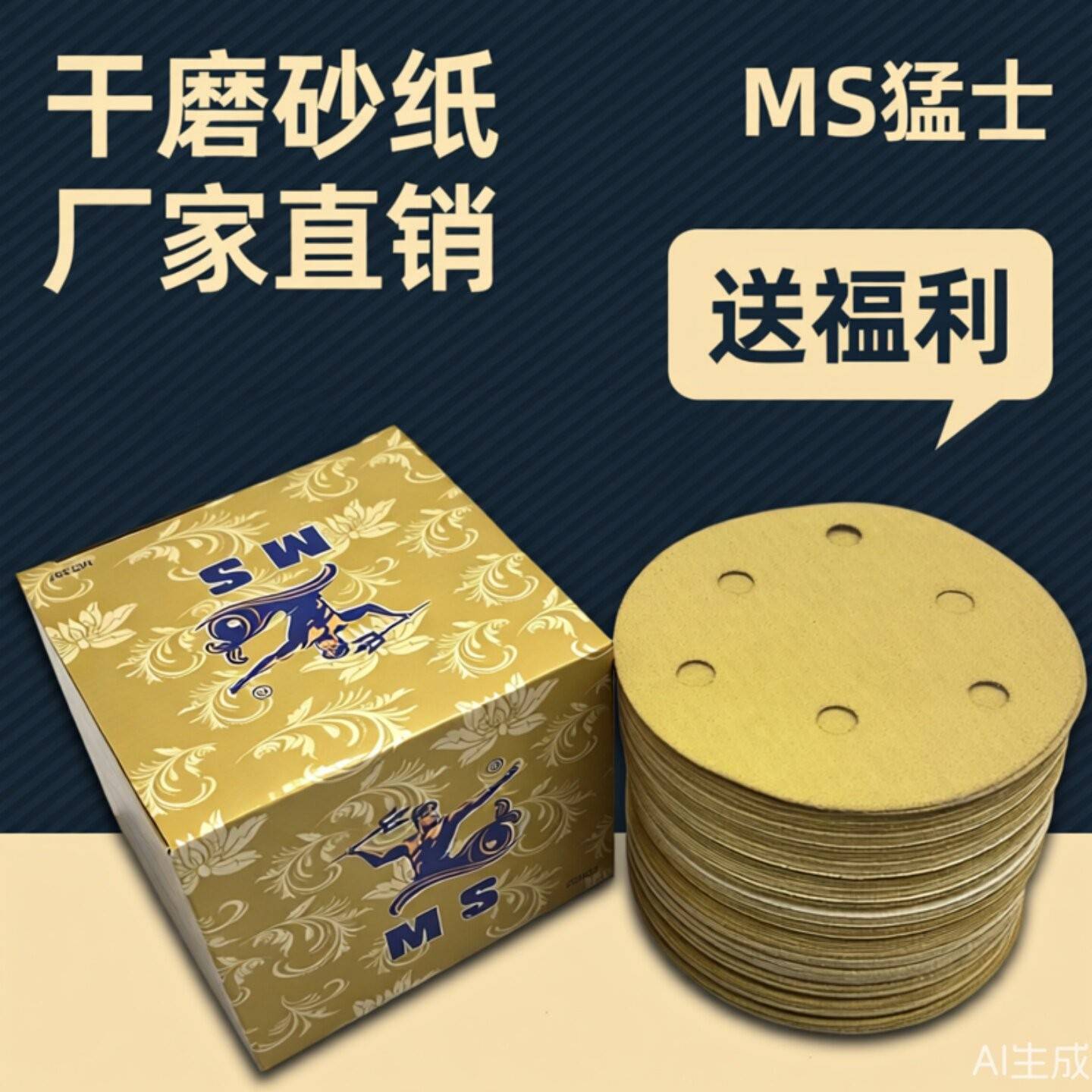猛士5寸6孔干磨砂纸6寸17孔汽车打磨抛光植绒自粘式圆形气磨机无9