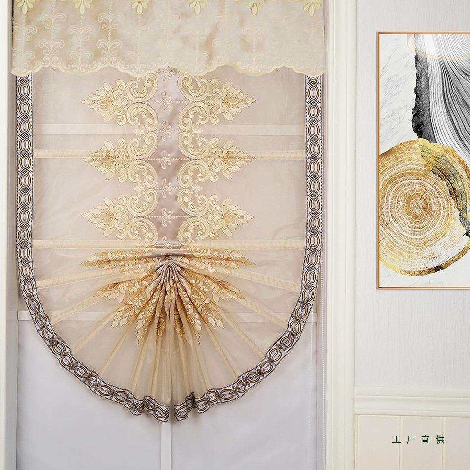 欧式绣花纱帘 扇形卷帘 罗马帘 升降窗帘 米灰 卡其色 餐厅装饰帘