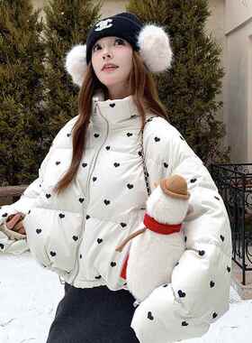 绒白色爱心印c108-767花羽服女款冬季新短韩版款加厚减龄白鸭绒面
