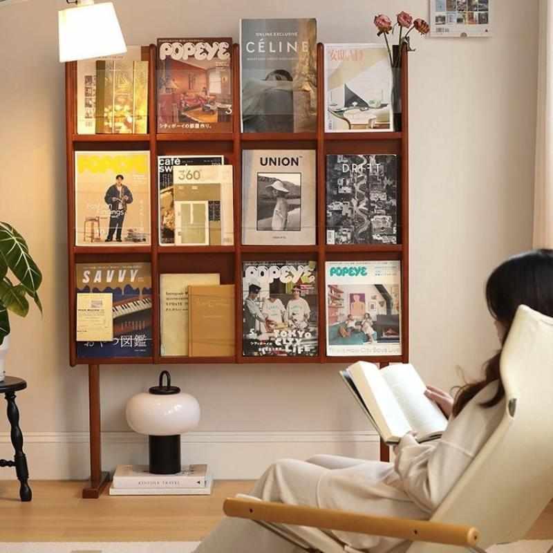 杂志架中古实木阅读书架日式展示架创意亚克力落地报刊cd架子