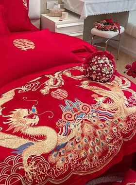 中式高档大婚XDL红色龙凤婚庆四件纯棉棉被套结陪嫁送套全礼床上
