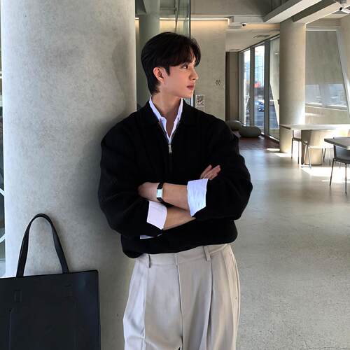 Half zip lapel sweater men's knitted top