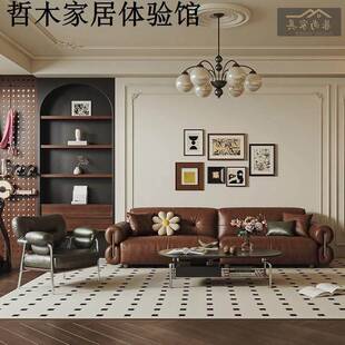 需定制美式覆古酒店大堂接待直排沙发样板间别墅中古风头层牛皮沙