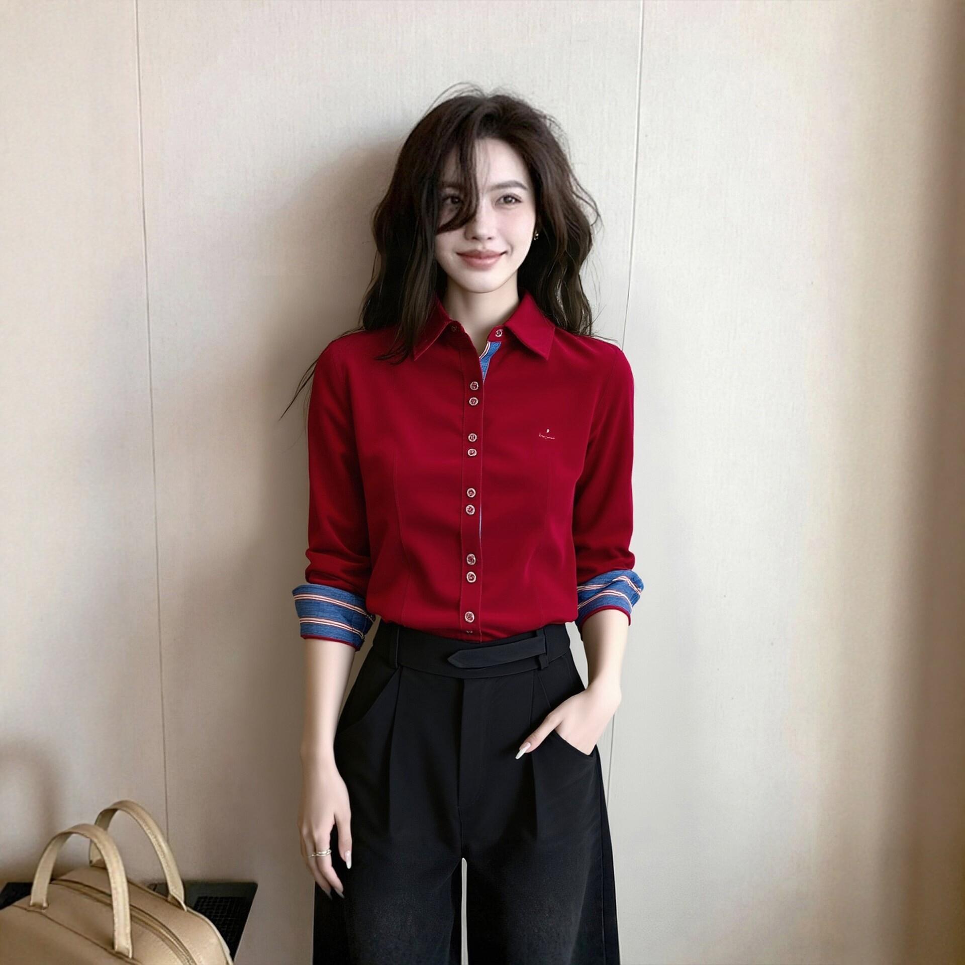 轻熟风红色翻领拼接衬衫女2026春季新款长袖显瘦百搭显瘦通勤上衣