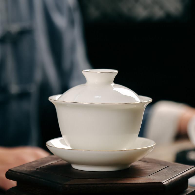 德化纯白玉瓷三才盖碗茶杯大号陶瓷功夫茶具家用描金敬茶泡茶碗