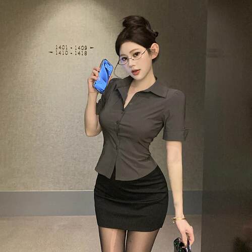 纯欲辣妹修身收腰显瘦衬衫包裙套装前台台球桌球职业工作服OL制服
