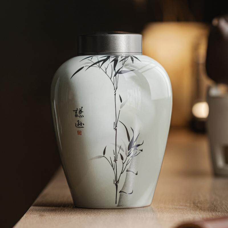 草木灰大肚茶叶罐水墨君子竹家用陶瓷密封茶叶罐存储罐普洱白茶储