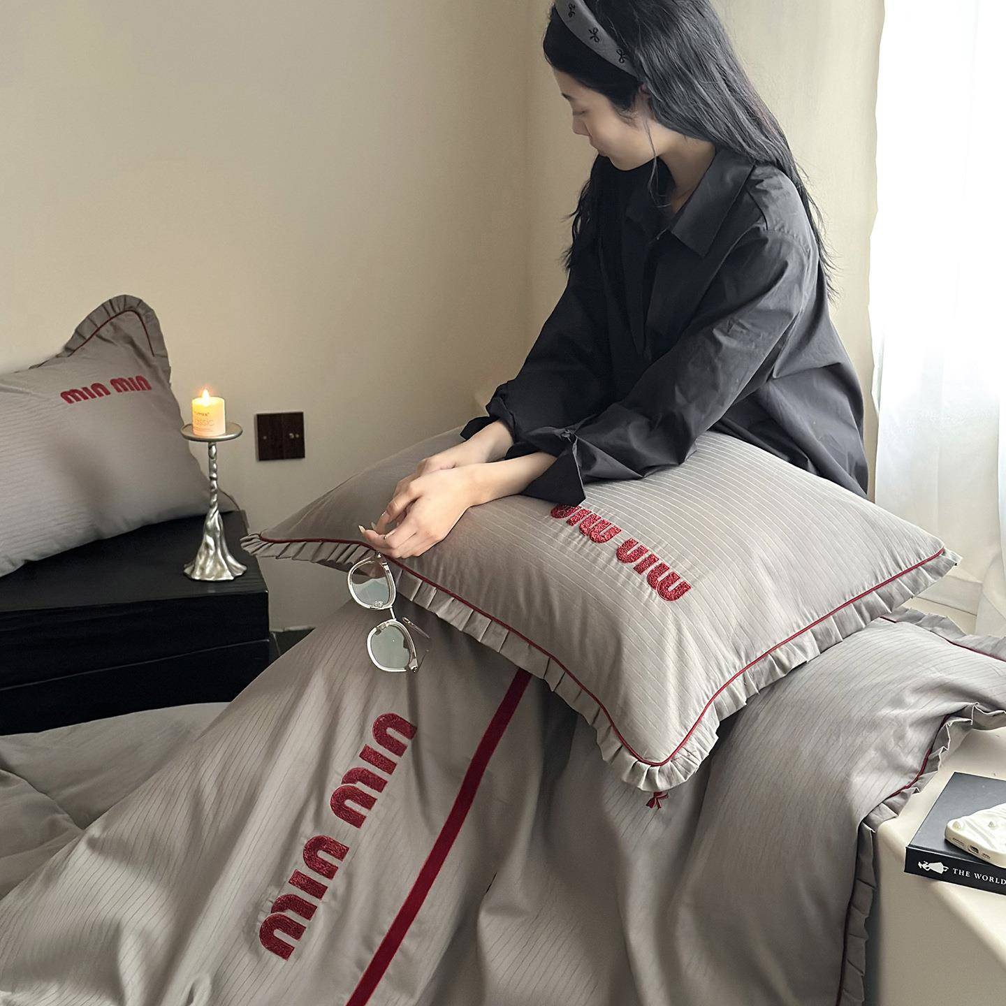 灰色木耳边毛巾绣刺绣全棉四件套公主风纯棉亲肤床上用品四季通用