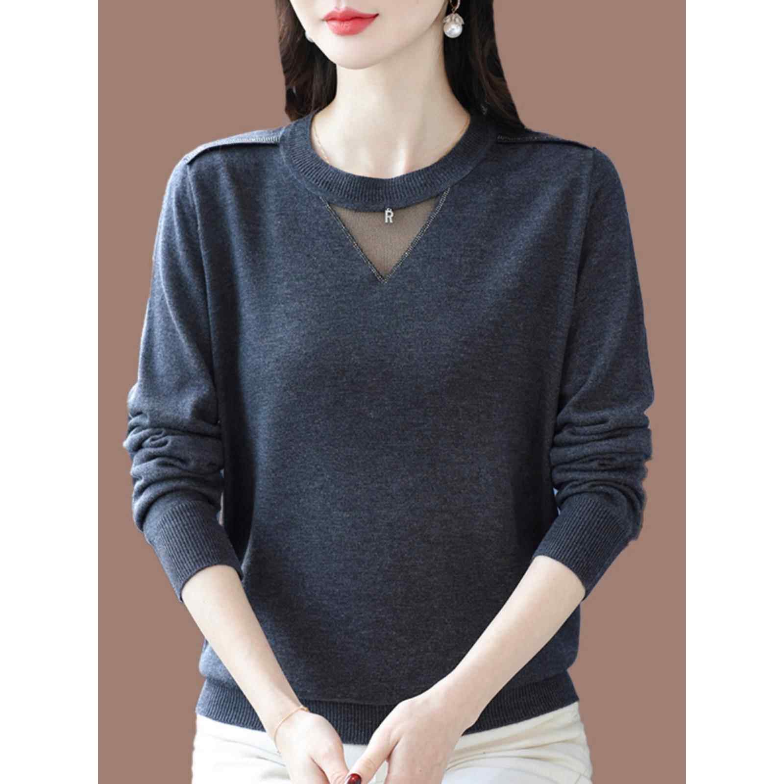 桑蚕丝针织衫女长袖T恤镂空洋气小衫春秋妈妈装大码薄款打底上衣