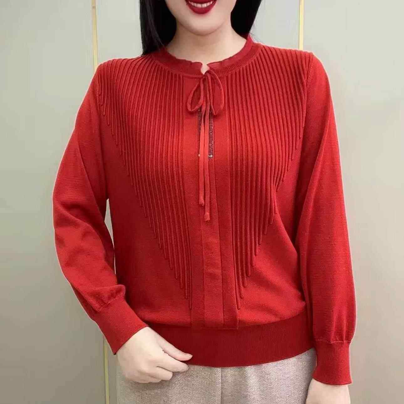 秋冬新款中年妈妈圆领系带坑条针织衫女显瘦百搭减龄上衣打底毛衣
