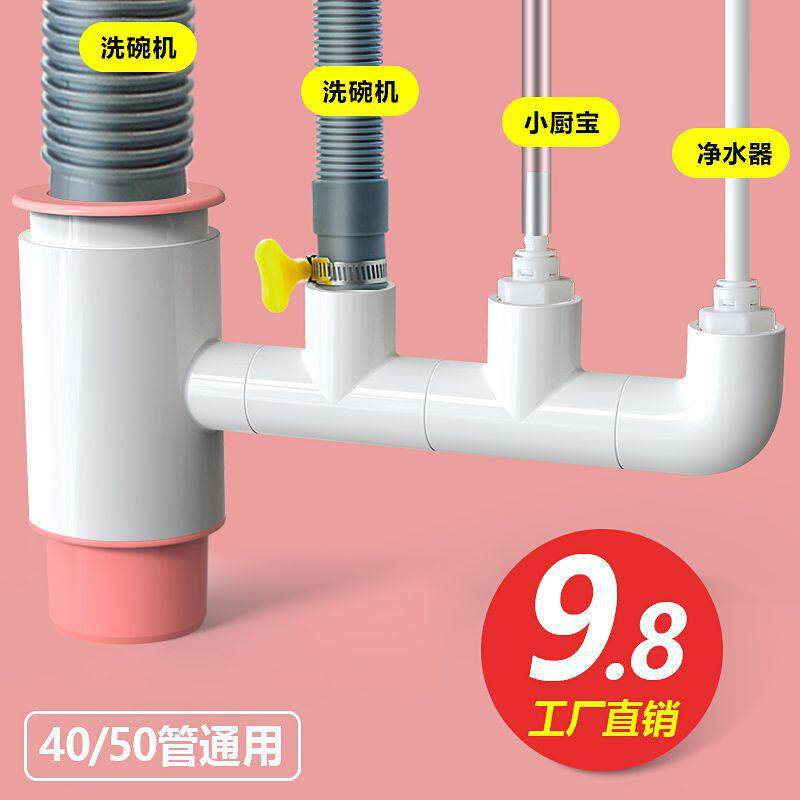厨房水槽洗碗机净水器下水管三通接头多接口PVC排水管 二合一管道