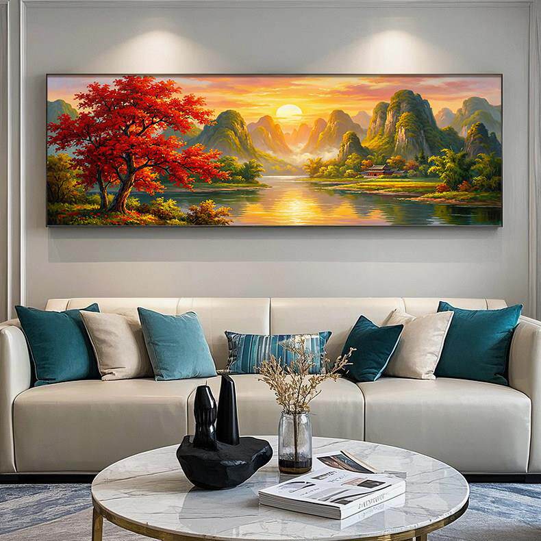 背靠金山聚宝盆沙发背景墙挂画办公室晶瓷画装饰画新中式墙上挂画