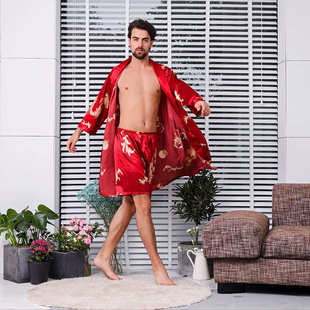 Male Two Robe Gown Ext Dragon Black Silk Suit piece Dressing