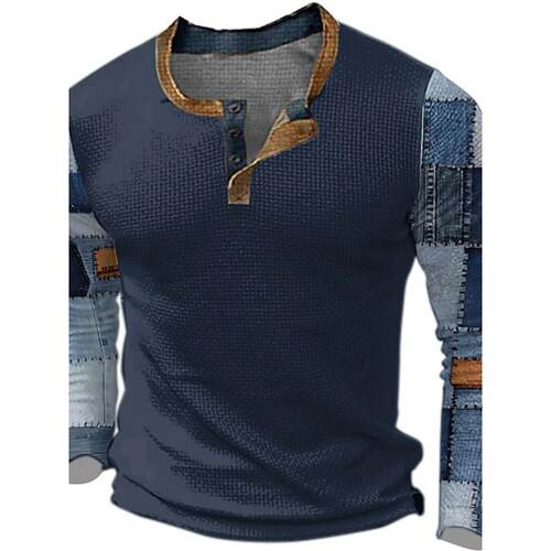 3D printed retro button long sleeved T-shirt 3D印花长袖T恤男