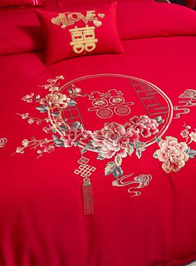 家纺婚庆四件套婚嫁刺绣被套红色结婚礼婚房婚床喜庆中式套