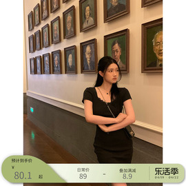 王少女的店黑色短袖蕾丝花边针织连衣裙2024春夏小个子显瘦短裙子