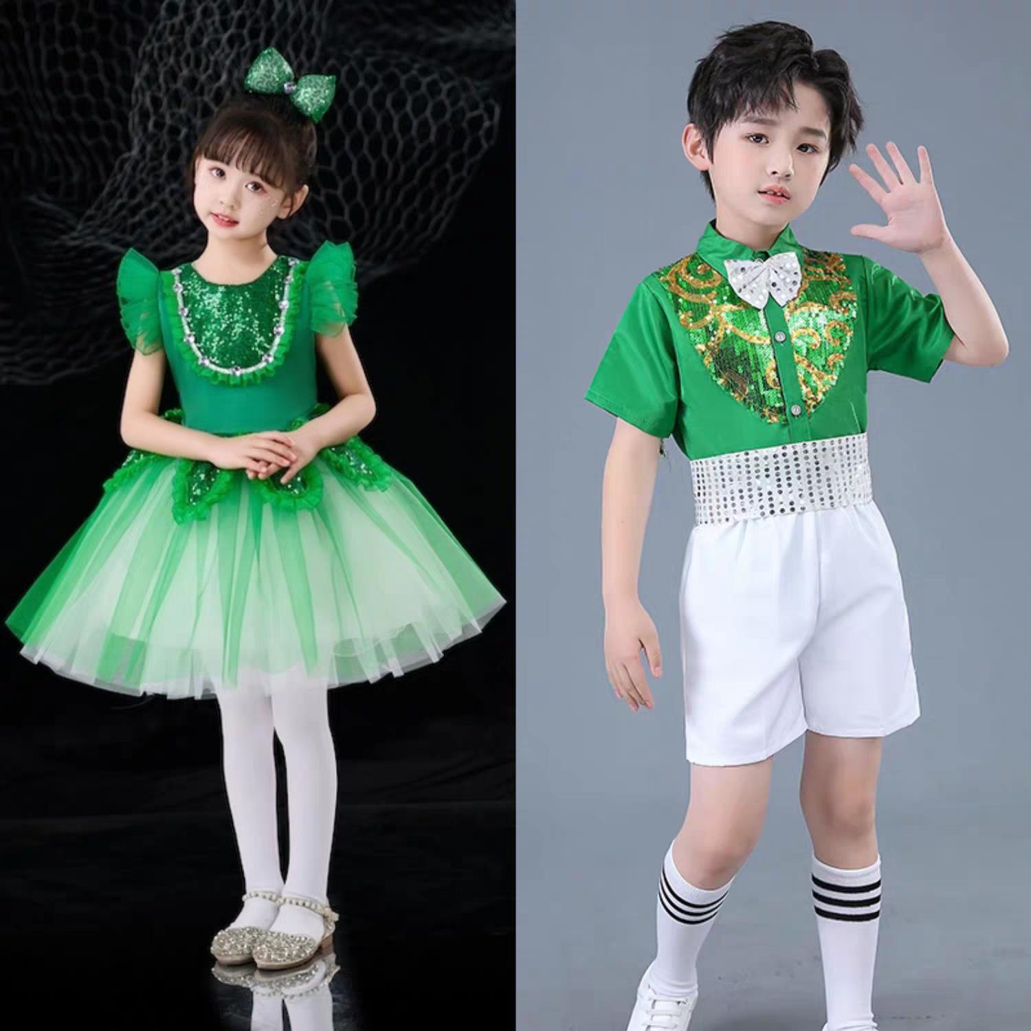春天儿童绿色演出服布谷鸟合唱团朗诵比赛服装舞蹈长袖裙子种子