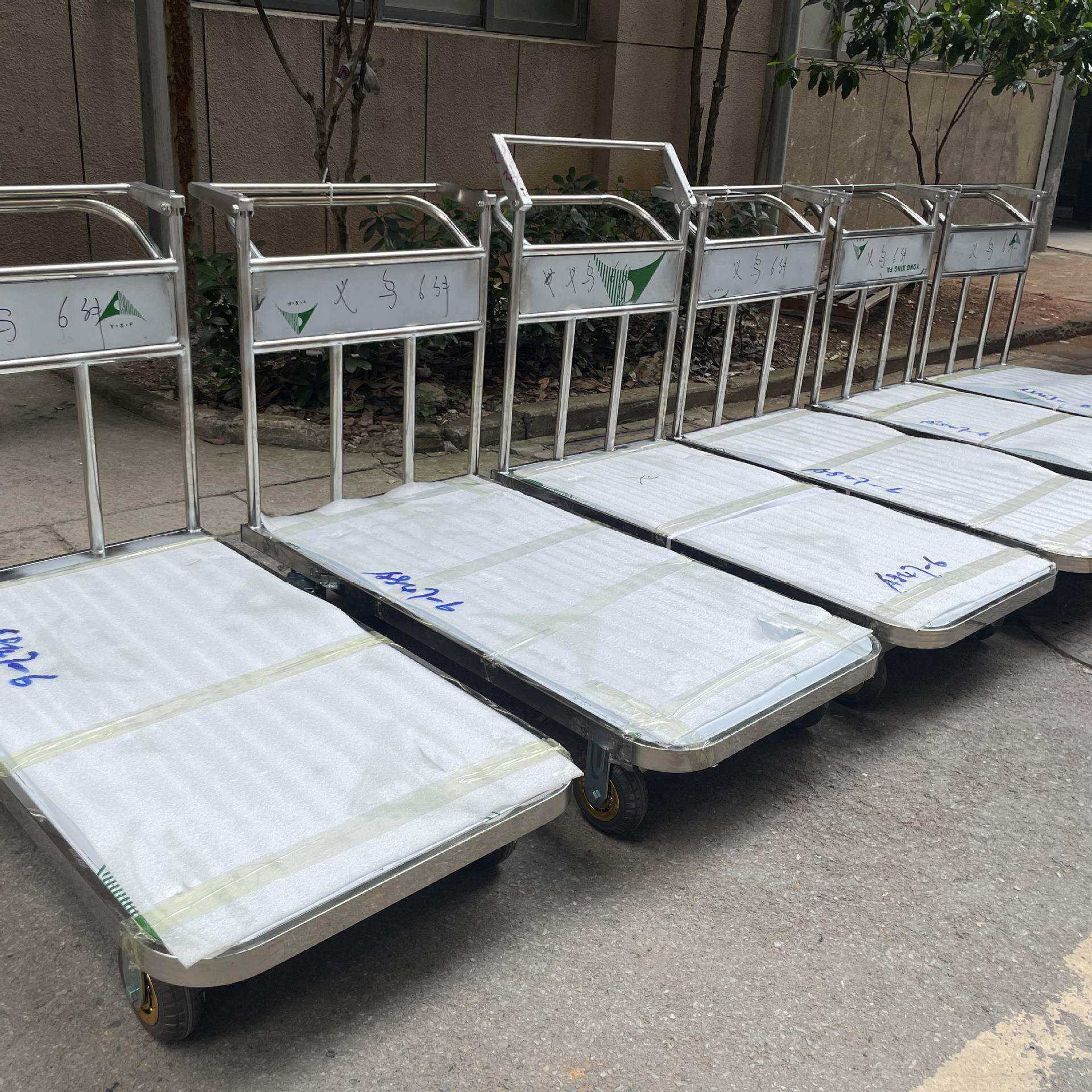 不锈钢单层静音车工厂手刹车专用搬运车平板车手推车脚刹四轮