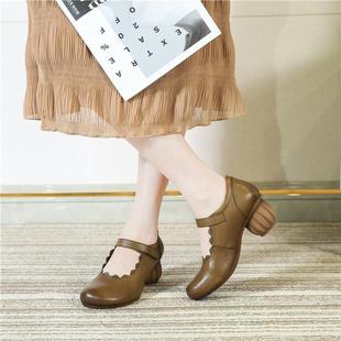 高档071鞋 覆古花朵头层牛皮工纯色妈 中跟单软族底真皮手民风女鞋