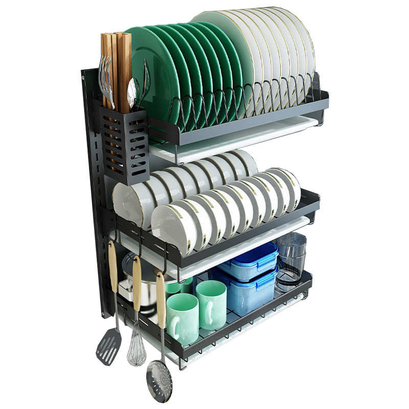 奥群 厨房不锈钢台式沥水碗碟架三层壁挂式免打孔盘子架黑色用品