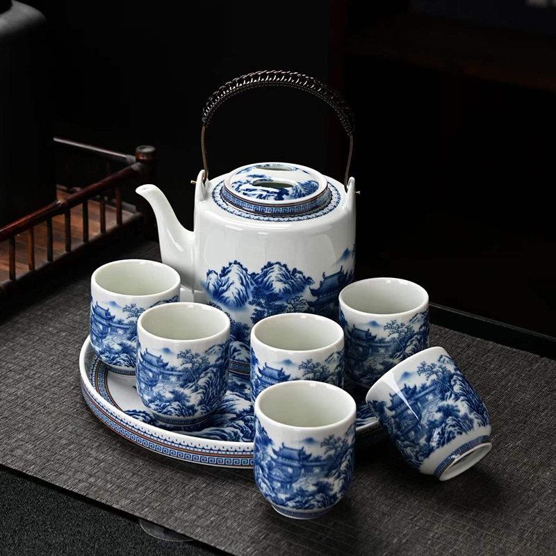 陶瓷青花提梁壶功夫茶具套组大容量带托盘泡茶壶冷水茶杯壶耐高温