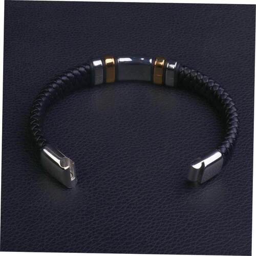 Classic Black Leather Wrap Bracelet for Men Metal Magnetic C