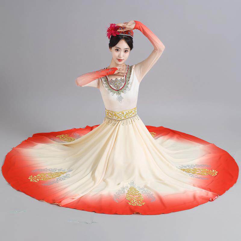 高档新舞蹈演出服小豆苗儿族同款维吾族舞练蹈习裙大摆裙艺考疆民