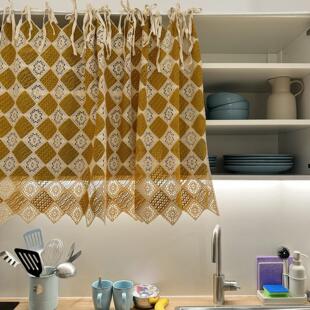 穿梭芥末黄绣花手工钩针帘头半帘门帘免打孔系带式 饰 柜子遮挡帘装