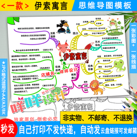 伊索寓言故事阅读书思维，导图黑白线描涂色空白，小学生a4a38k模板