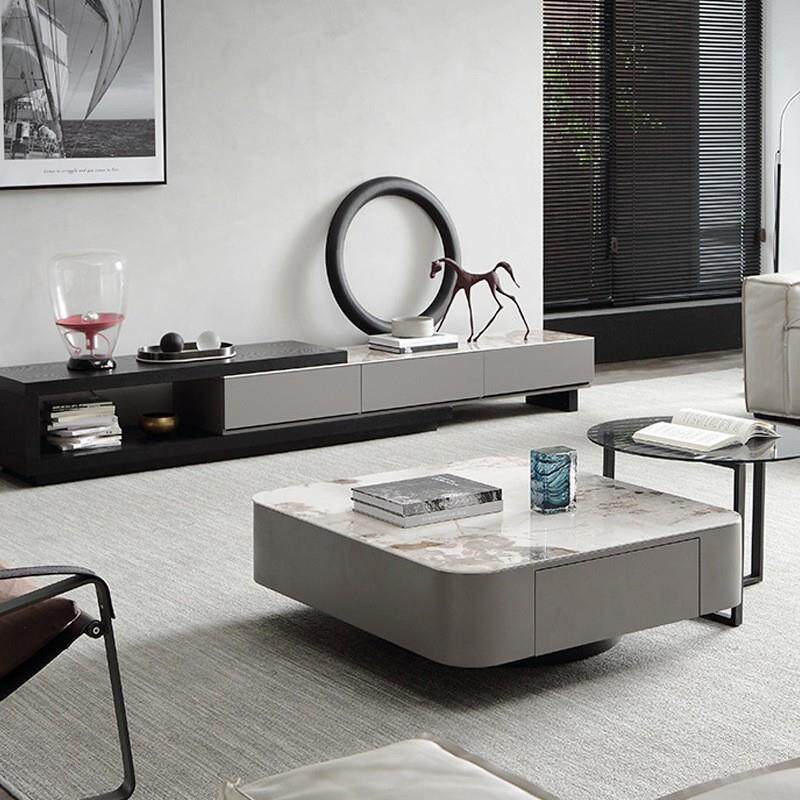 轻奢岩板茶几伸缩电视柜组合意式极简客厅北欧方形小户型现代简约