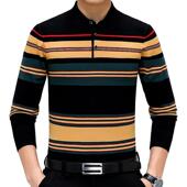 袖 恤长翻领休闲新中年恤男式 秋装 品857 男装 男士 品料牌条纹新款