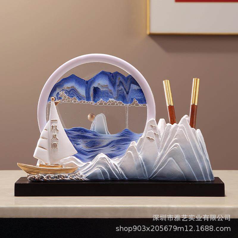 创意书房家居新中式玄关客厅流沙摆件笔筒树脂工艺品装饰创意