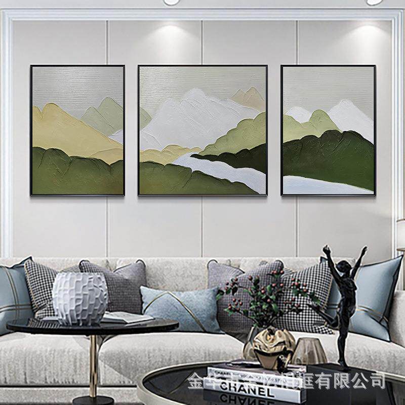 纯手绘抽象山水肌理油画现代简约客厅立体装饰画发财鹿三联挂画
