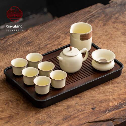 米色汝窑功夫茶具茶盘套家用陶瓷盖碗茶杯整套泡茶器可开启保存