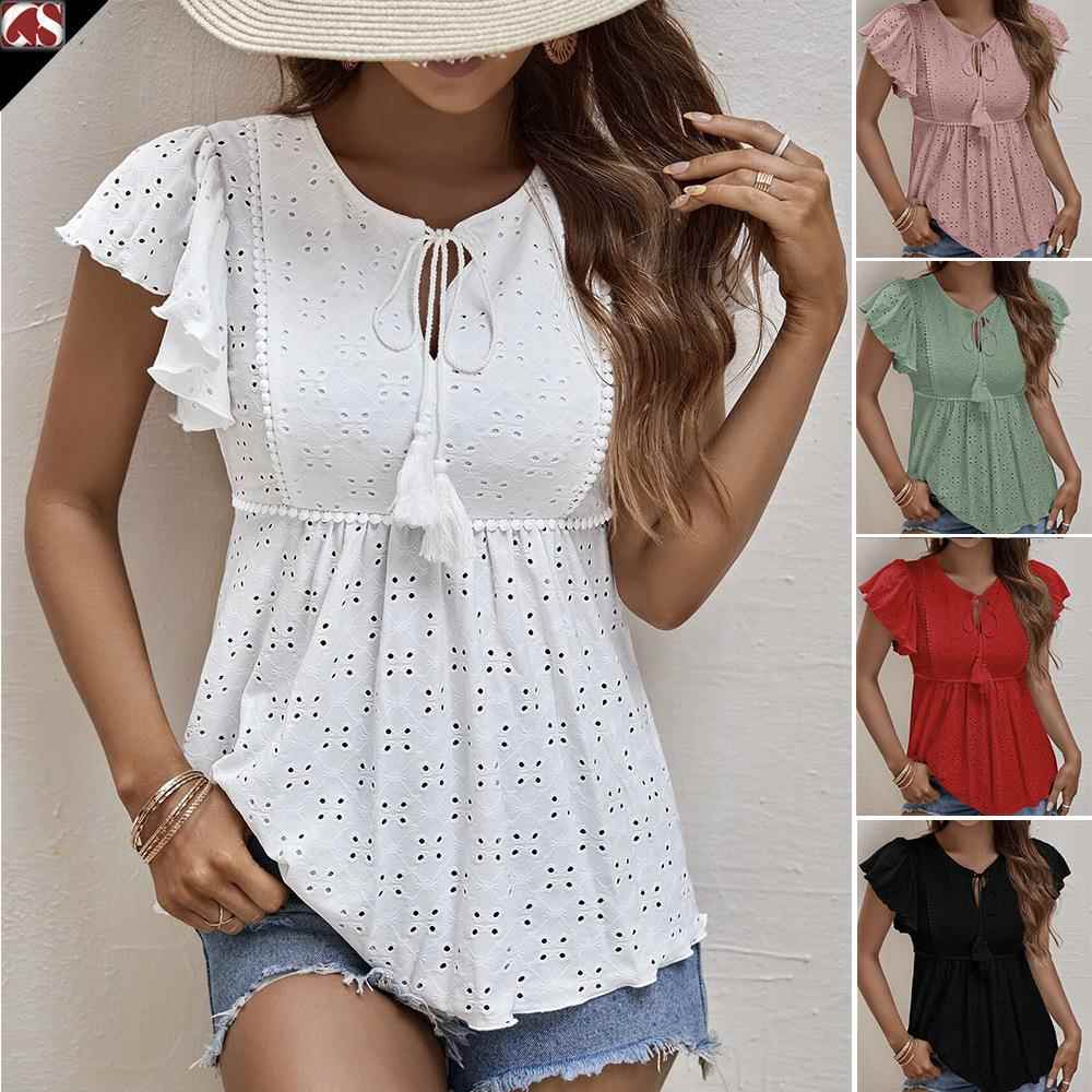 lace ruffled hollow tops tanks pleating sweety tunics