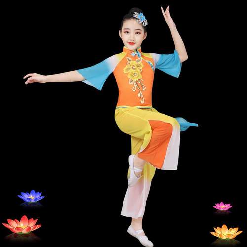 正品童古典舞儿演出款服女逸飘女童扇子舞蹈服装广场秧歌舞新套装