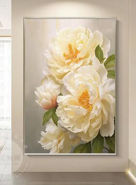 网红花开如愿》卉牡《丹花饰装奶油风简约过道手绘油画轻画奢玄关