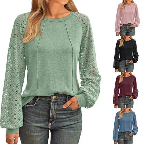 Lace patchwork round neck pleated long sleeved top