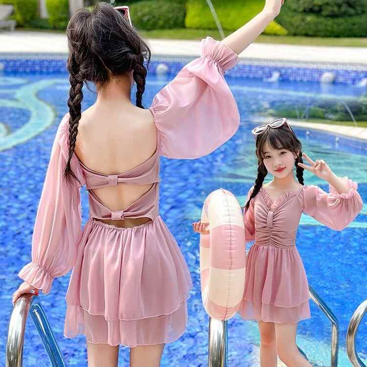 女童甜美风泳衣2025新款保守遮肚女孩夏装海边连体泳装夏季连