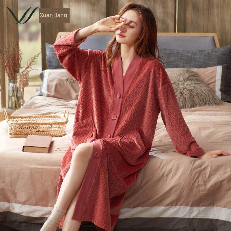海岛丝绒春秋季女式睡衣珊瑚丝绒里绒加厚睡衣保暖浴袍秋冬季家居