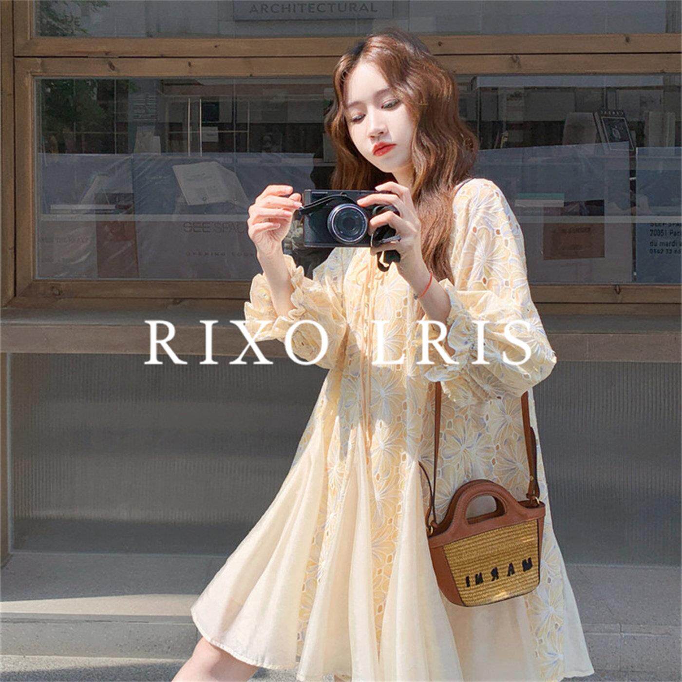 RIXO LRIS法式黄色刺绣勾花连衣裙女夏新款小个子时尚名媛a字短裙