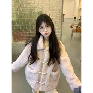 甜美可爱环保羊羔毛皮草外套女冬季牛角扣皮毛一体加厚中长款大衣