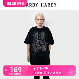 HARDY HARDY潮烫钻字母小熊黑色短袖T恤男女同款情侣半袖体恤