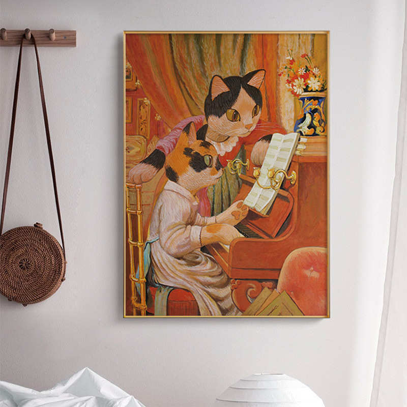 名画里的猫 现代复古客厅背景墙装饰画猫咪卧室壁画民宿猫咖挂画图片