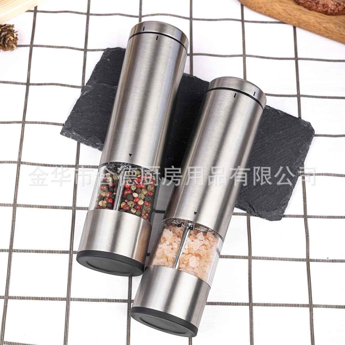 电动胡椒磨套装不锈钢胡椒玫瑰海盐研磨器带竹木底座磨具跨境热销
