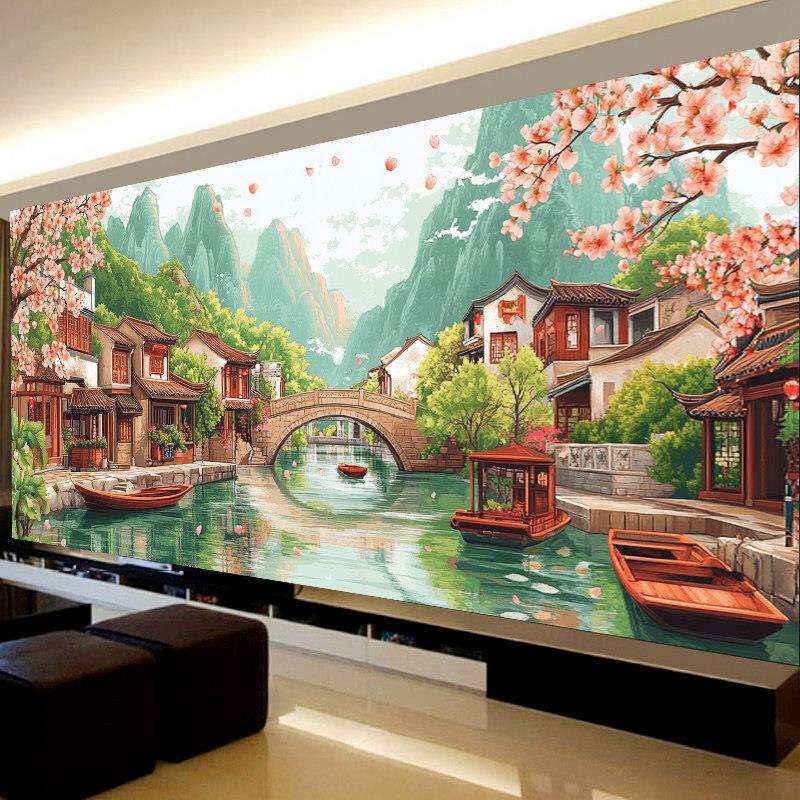 字PHK绣醉江南2新025款新线绣客厅新中式风景山水画满十绣54色清