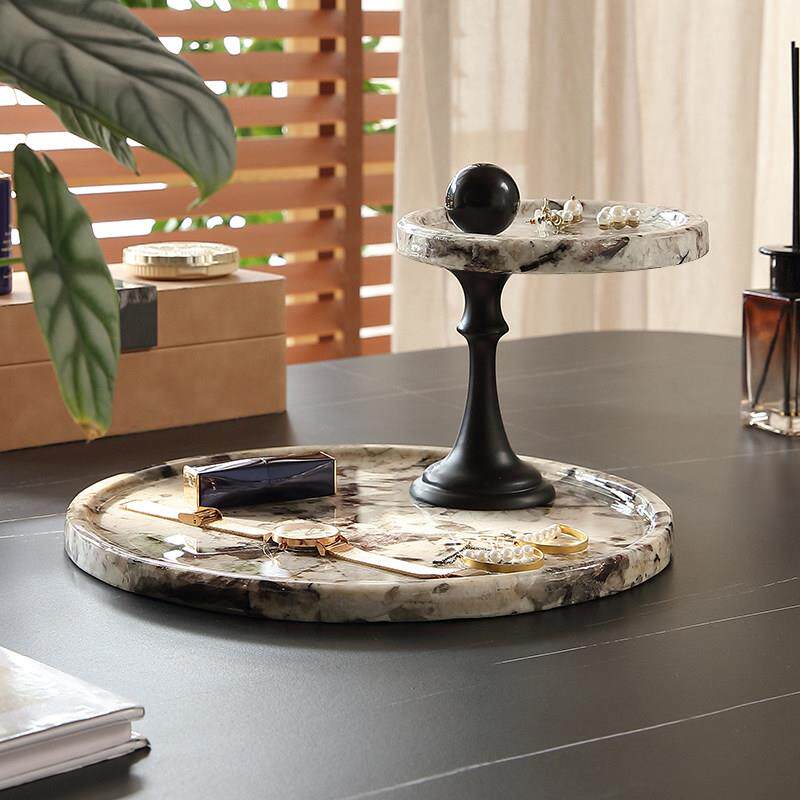 天然大理石高级感桌面双层玄关摆件置物架香薰托 托盘首饰香水收