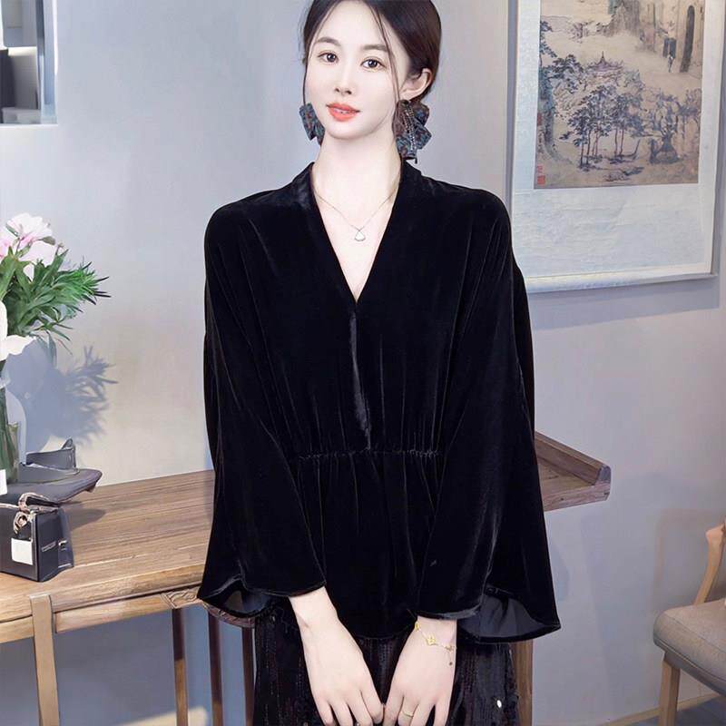 高级感黑色真丝丝绒蝙蝠袖上衣女装2026秋冬季新款新中式国风衬衫