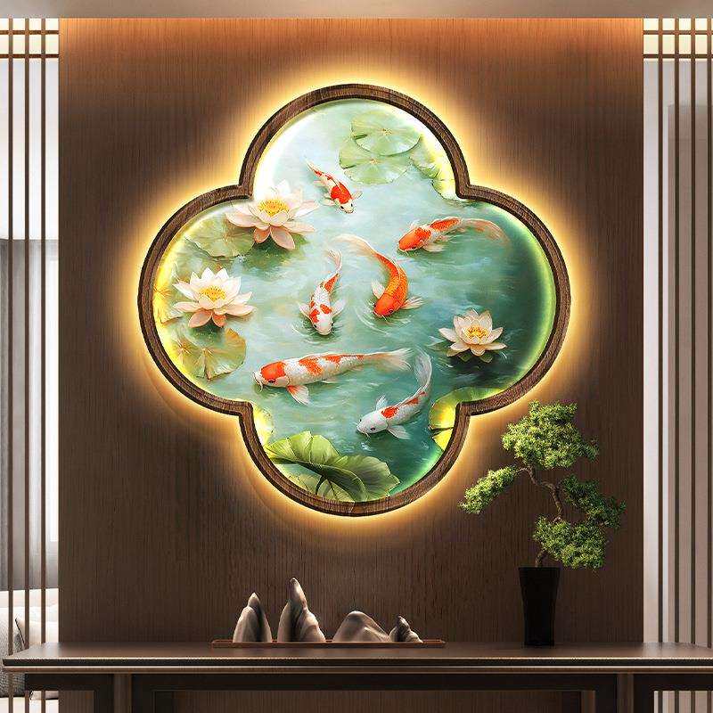 新中式FM860247九画鱼壁图玄关装饰画荷花梅花形走廊挂假窗户茶室